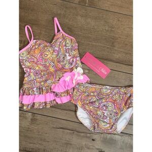 Isobella & Chloe Girls 24M Pink Orange Paisley Ruffle Tankini Swimsuit Set 9407
